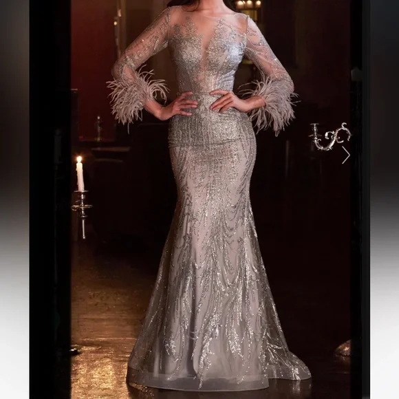 CINDERELLA DIVINE Fitted Long Glitter Evening Dress With Feathers Sleeves - Picture 2 of 16